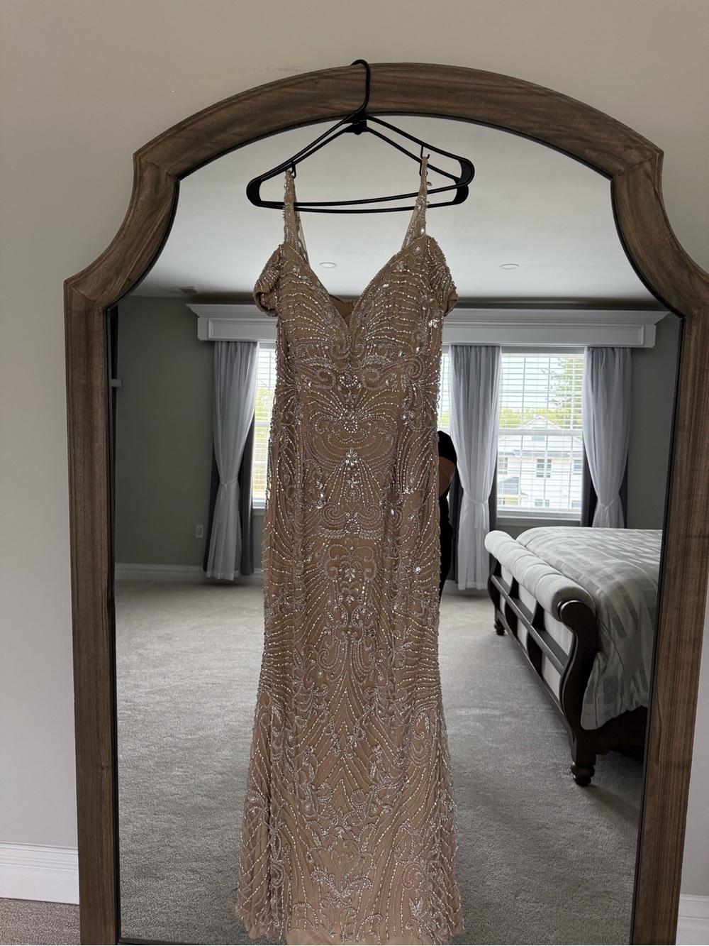 Sequin Embellished Champagne Evening Gown - Women